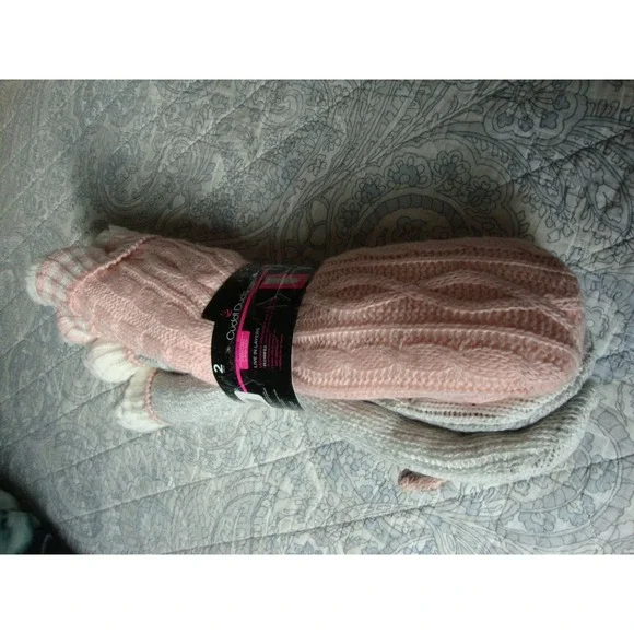 Cuddl Duds Sherpa Lined Critter Slipper Socks - Two Pack Cat and Pink (Sz 4-10) - Picture 2 of 5